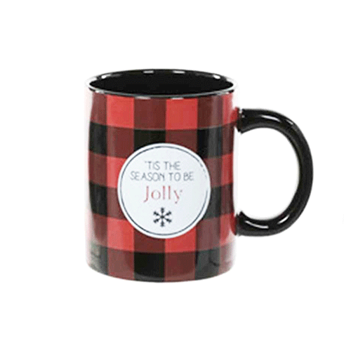 A buffalo plaid mug that says Tis the Season to Be Jolly.